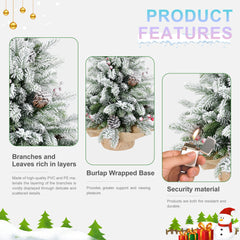 3ft Tabletop Christmas Tree, Snow Flocked Artificial Mini Christmas Tree With 14 Pine Cones & Red Berries, Green