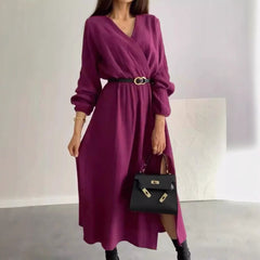 Fashion Long Sleeve Solid Color Waist Tight Dress