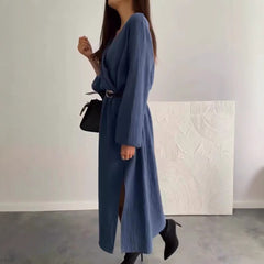 Fashion Long Sleeve Solid Color Waist Tight Dress