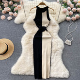 Slim Fit Slimming Long Round Neck Sleeveless Dress Color Matching Skinny Sheath Knitted Dress