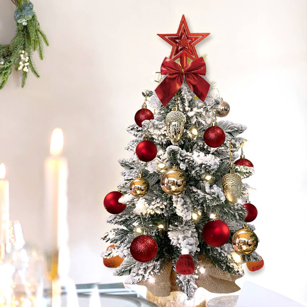 2ft Mini Christmas Tree With Light Artificial Small Tabletop Christmas Decoration With Flocked Snow.