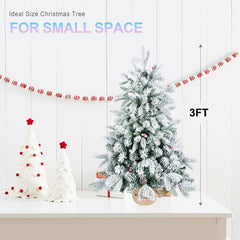 3ft Tabletop Christmas Tree, Snow Flocked Artificial Mini Christmas Tree With 14 Pine Cones & Red Berries, Green